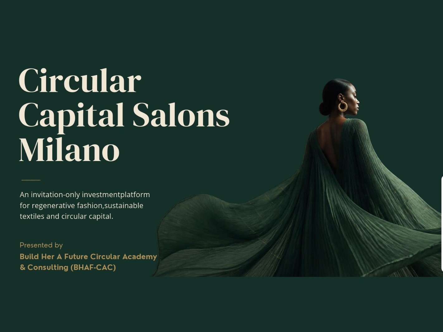 Circular Capital Salons Milano — a woman in a flowing pleated green gown, presented by BHAF-CAC