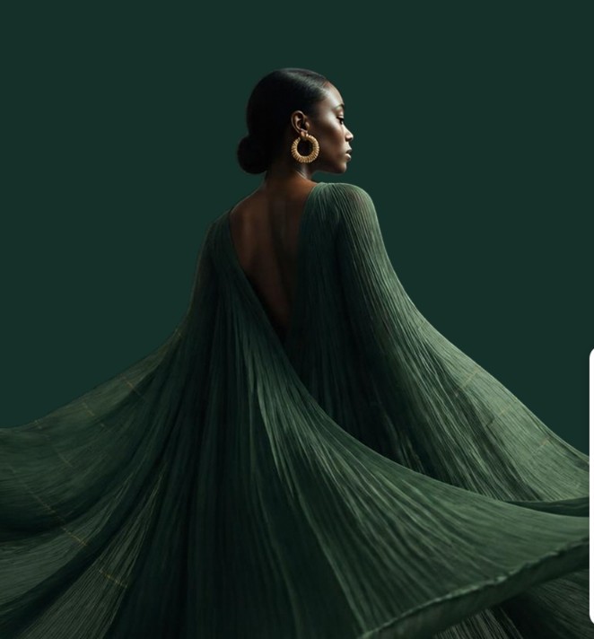 A woman in a flowing pleated green gown seen from behind