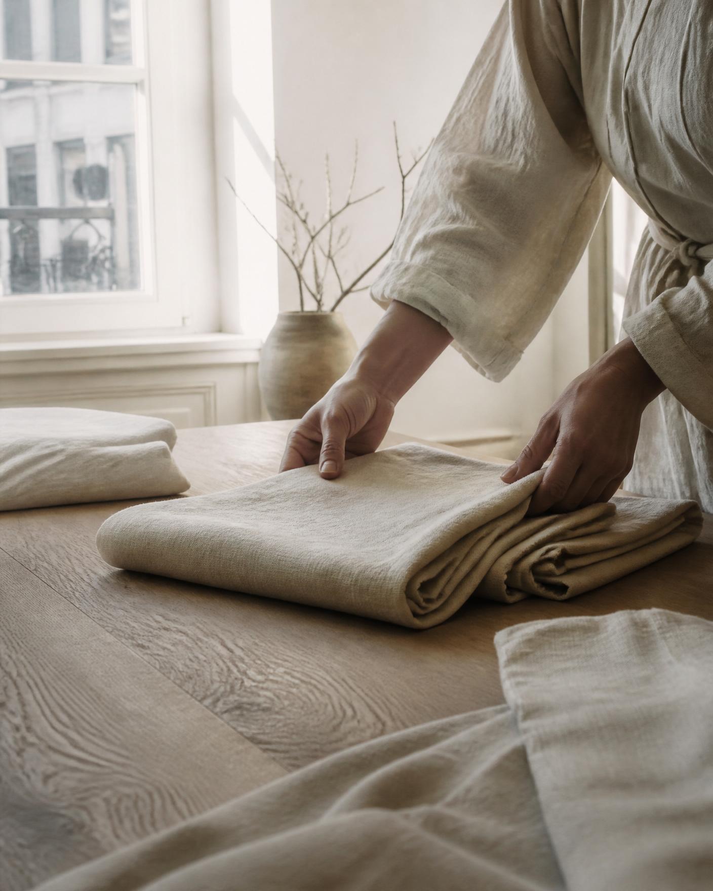 Hands arranging folded linen in an atelier