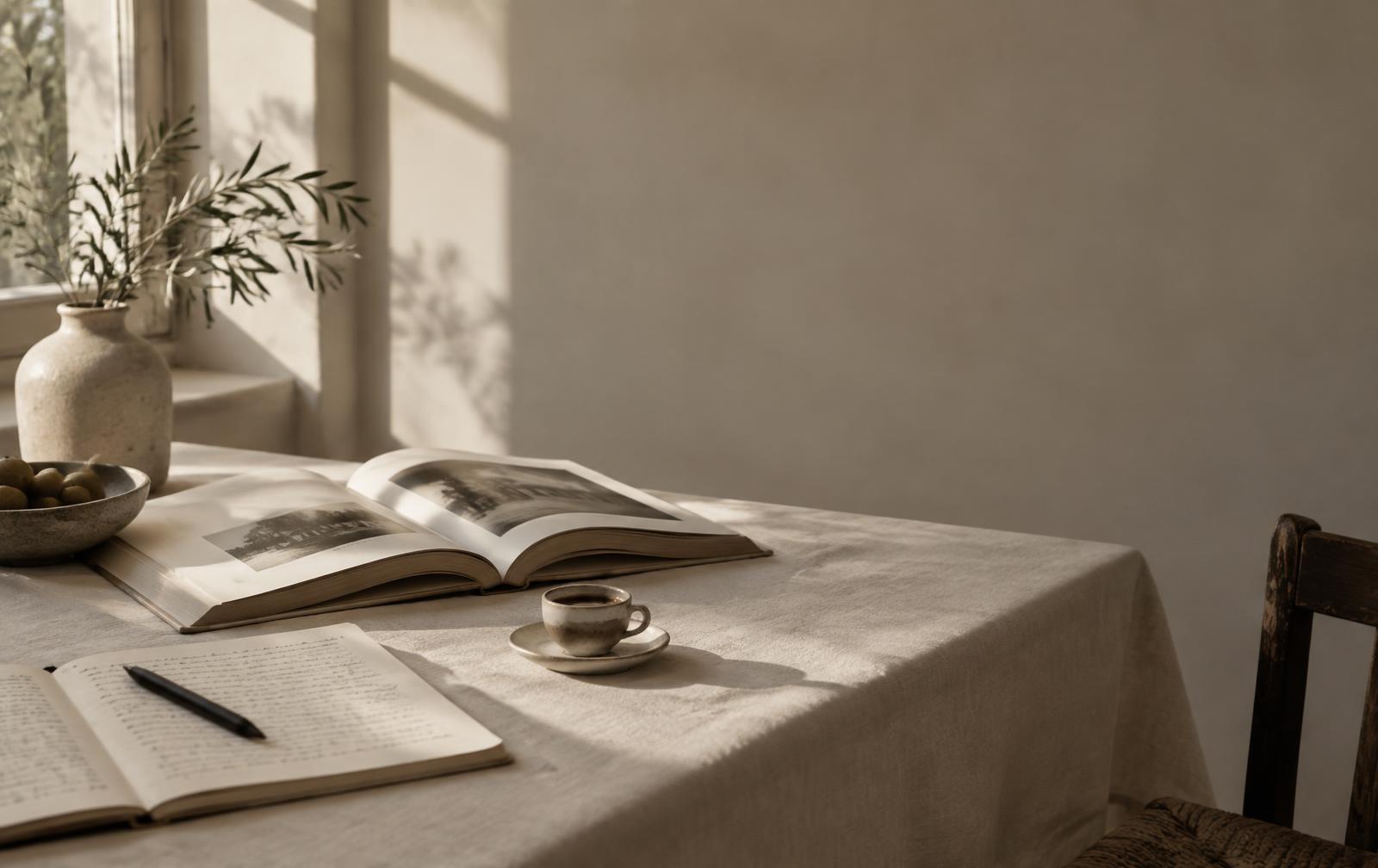 An open book and a handwritten notebook on ivory linen, morning light