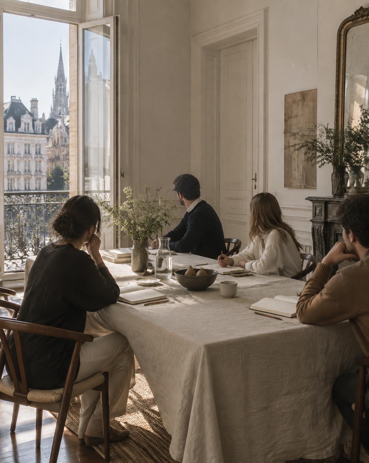 A small seminar around a linen-covered table in a Brussels apartment