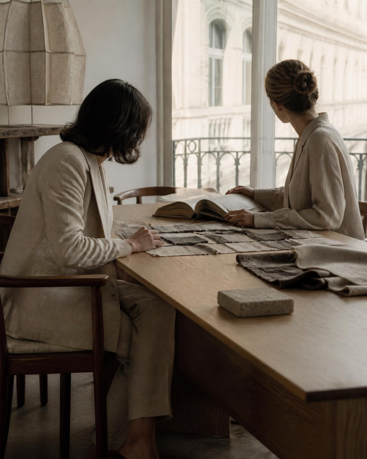 Two people in a showroom, in dialogue