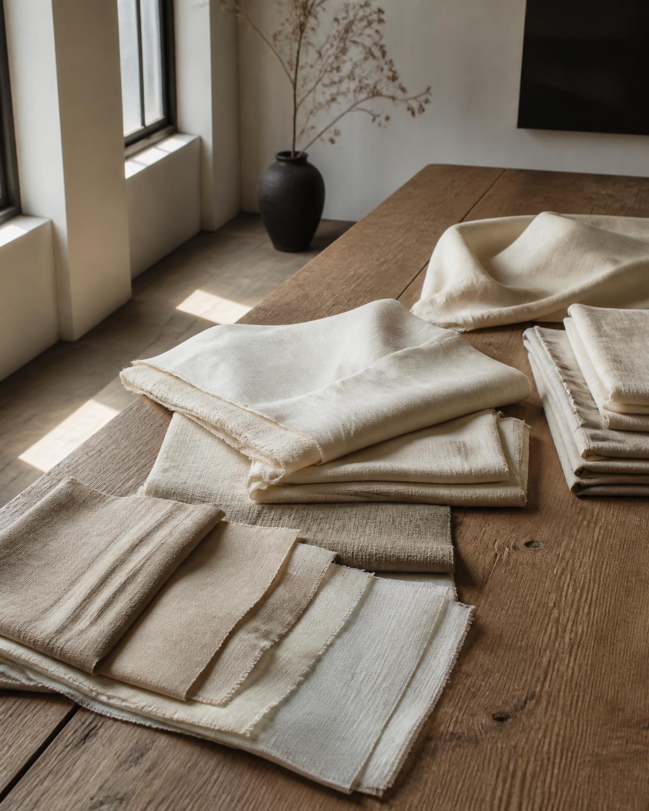 Silk and linen swatches on a design table