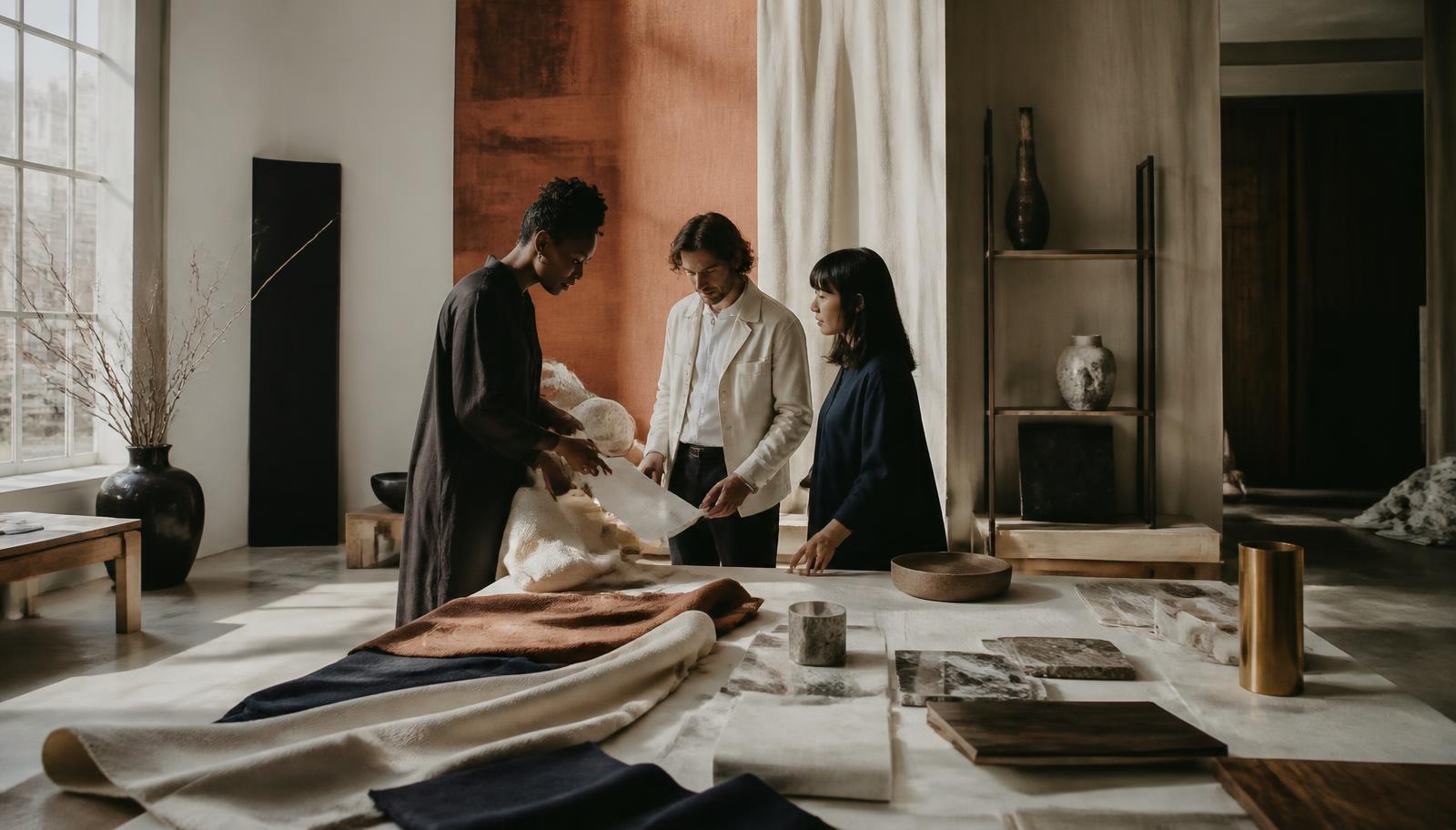 Creative partners reviewing materials in a Brussels showroom