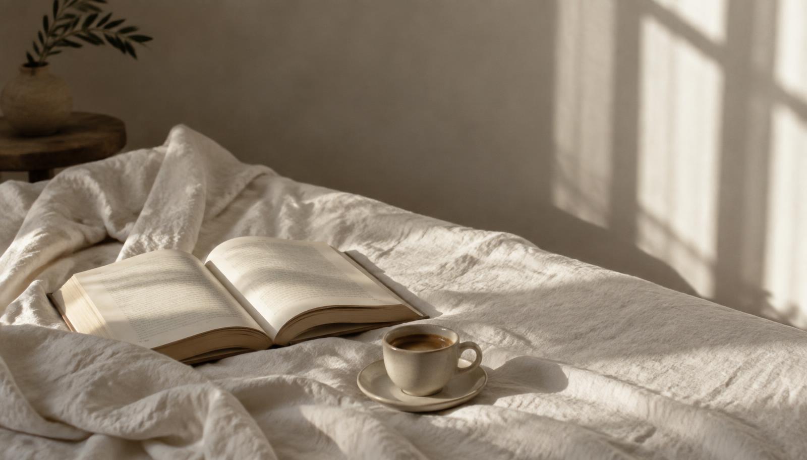 An open book on linen beside an espresso cup, morning light