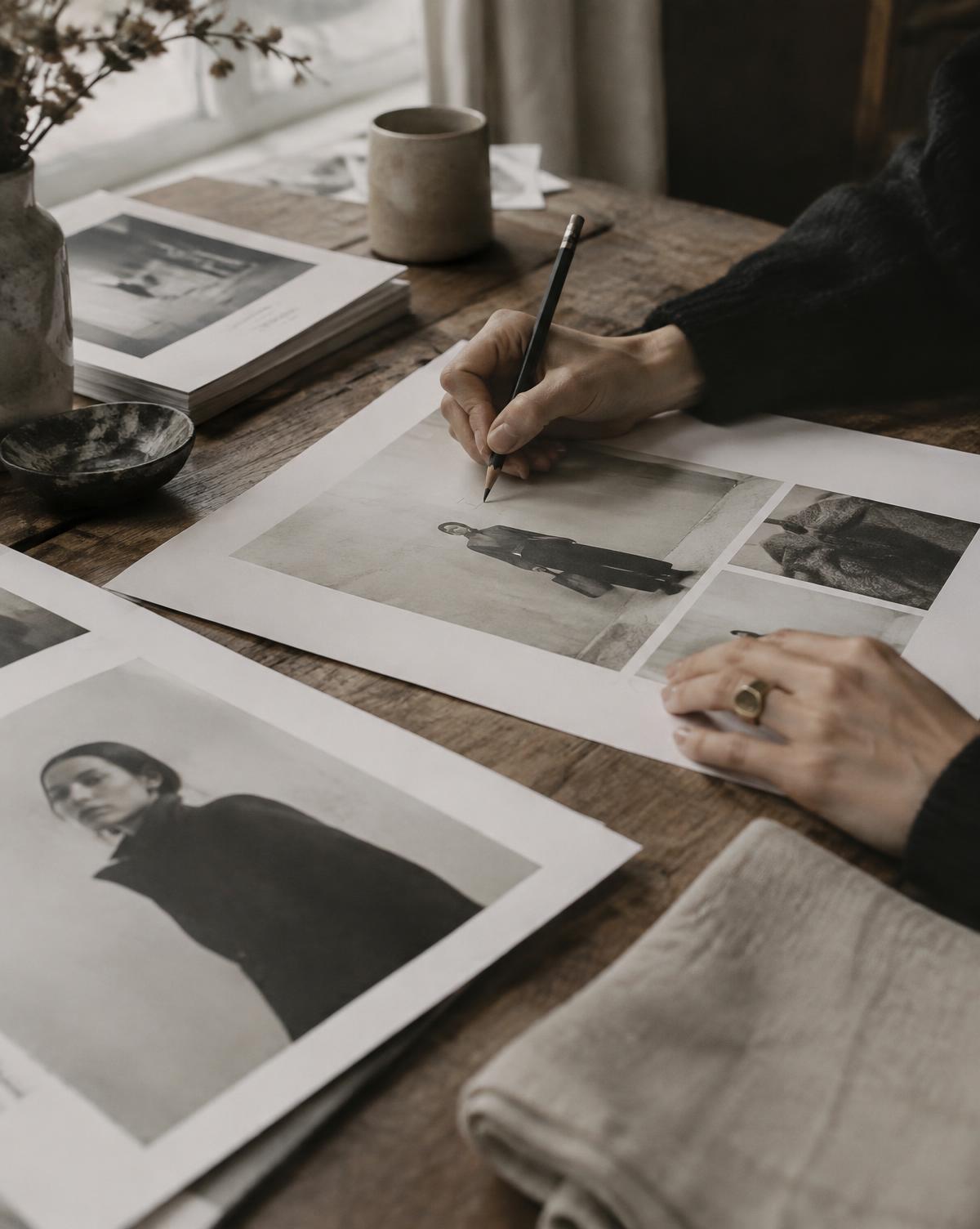 Hands annotating magazine proofs in pencil