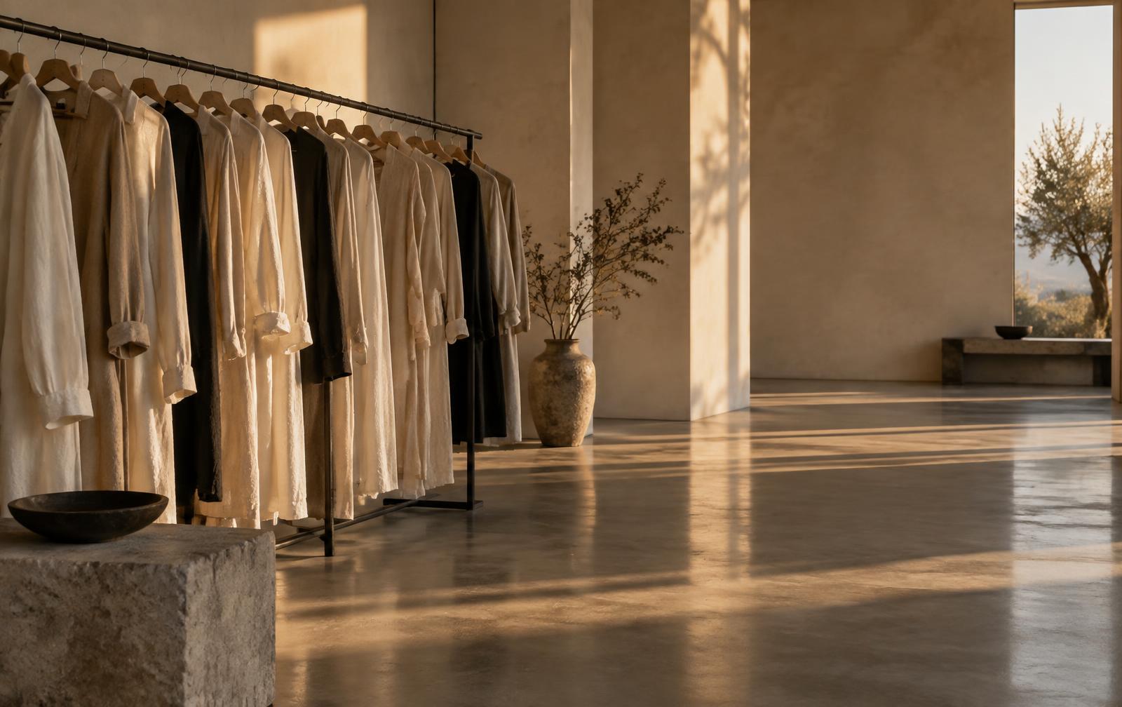 An empty curated rail of linen garments in a hushed showroom at golden hour