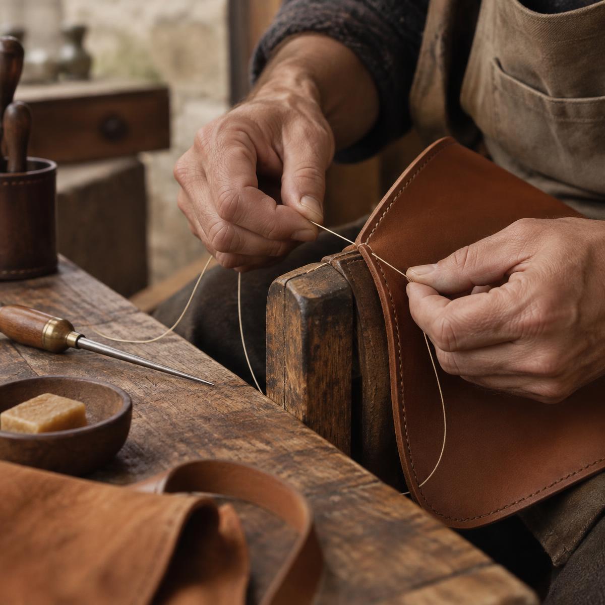 Saddle-stitched by hand, one thread at a time.