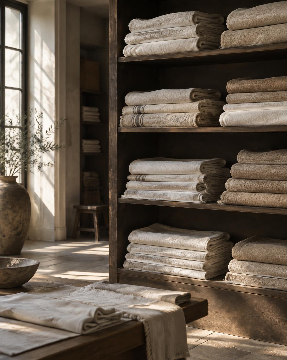 Wholesale-folded linen and raw silk on wooden shelving in a quiet stockroom