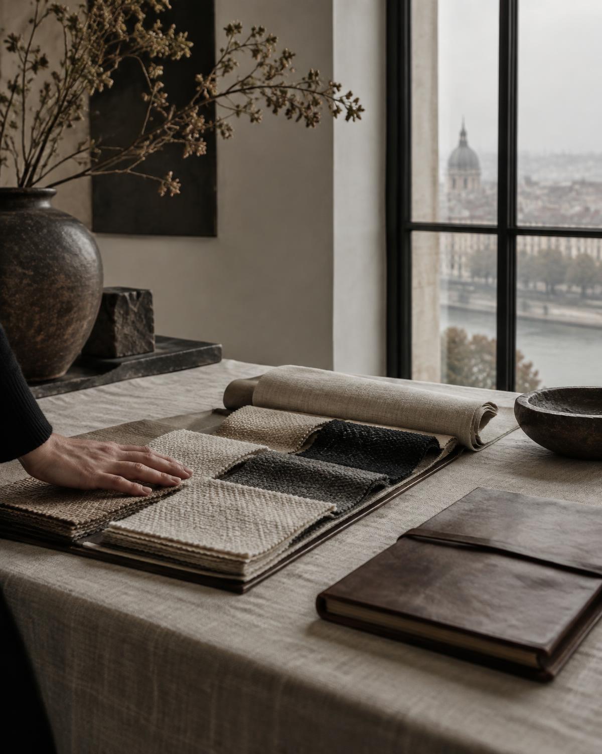 A buyer's hand on an open fabric swatch book beside a leather notebook