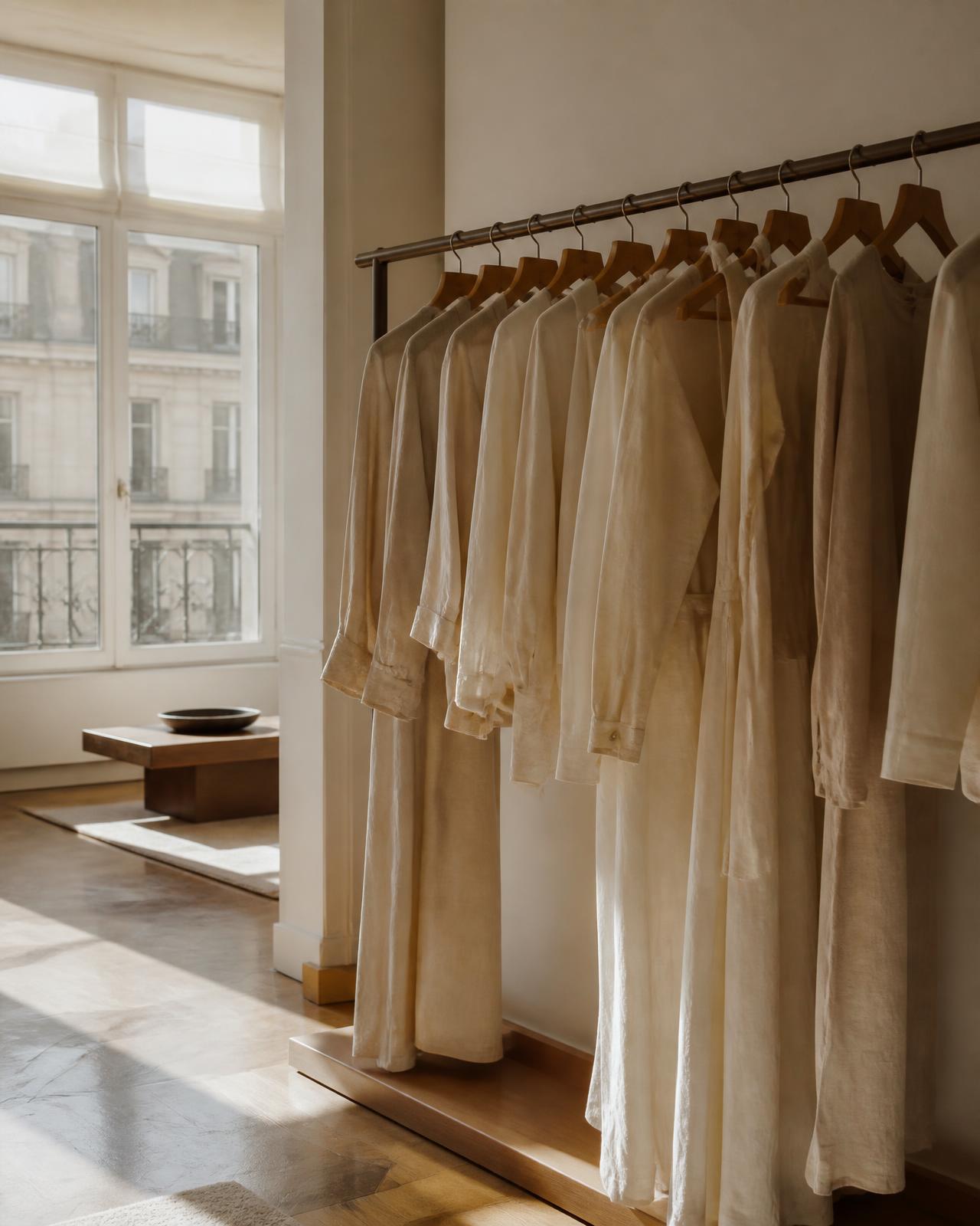 A curated rail of linen garments in a sunlit showroom