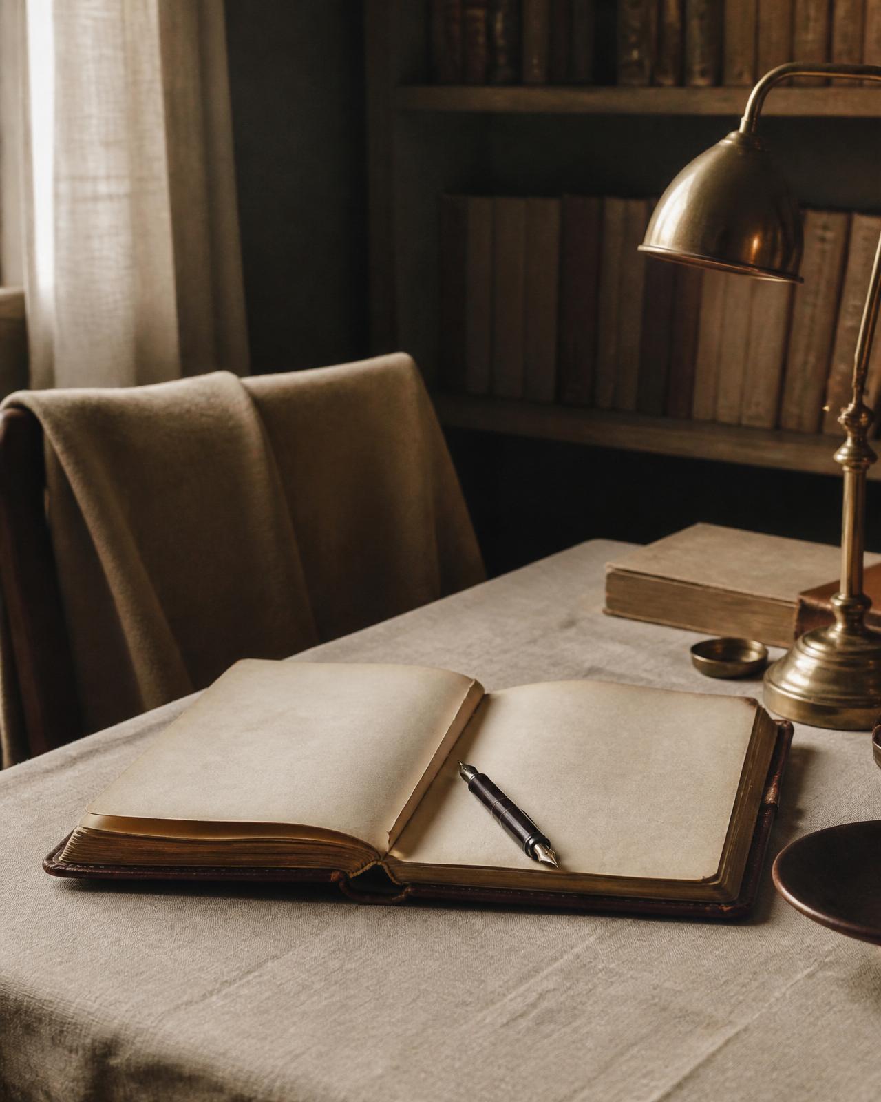 An open leather-bound ledger on a linen desk