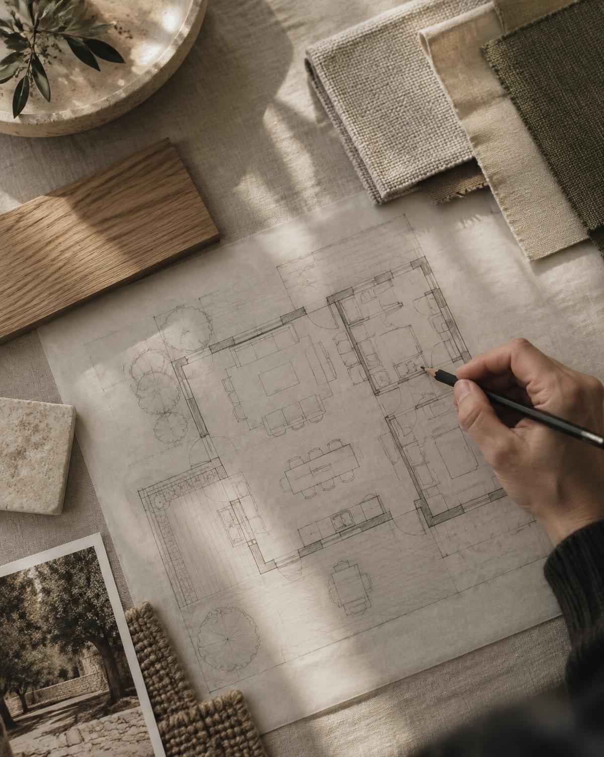 A hand sketching a floor plan beside fabric swatches and wood samples