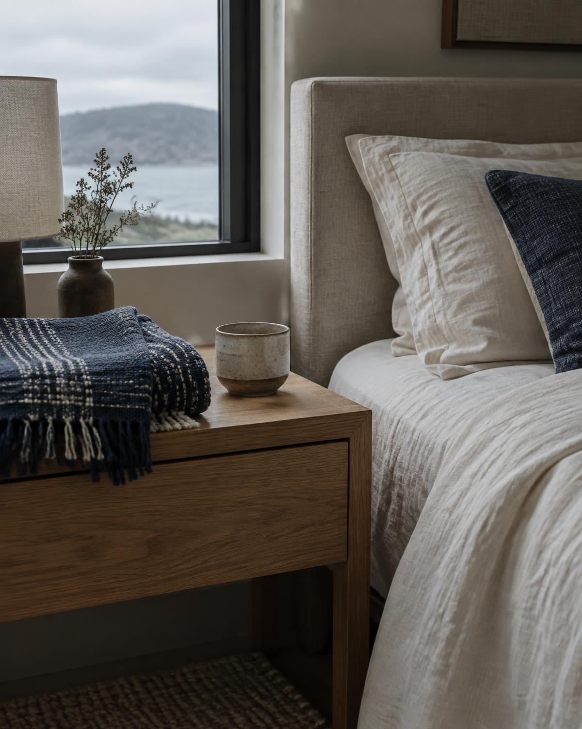 An indigo throw and a ceramic cup on an oak bedside table
