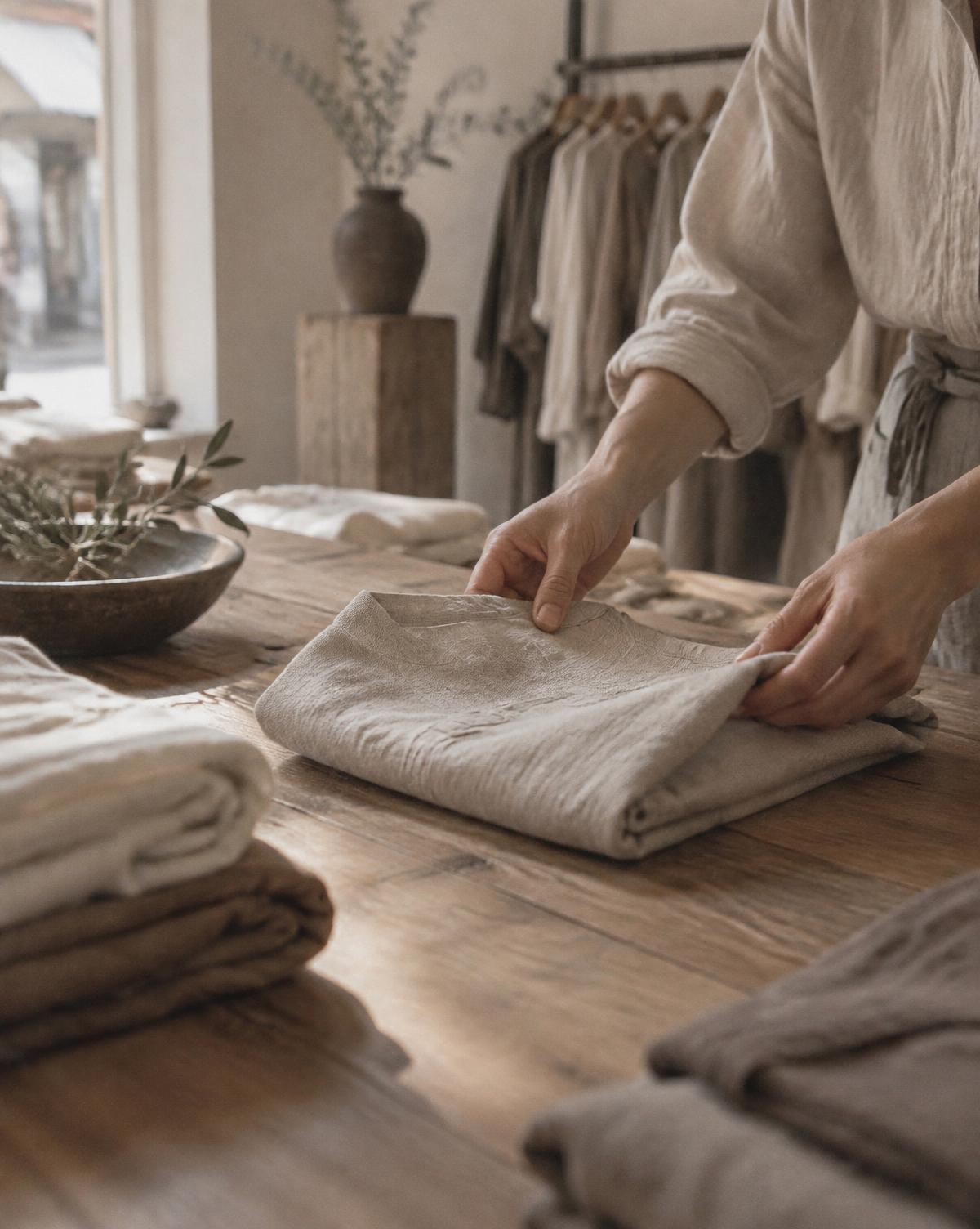Hands folding a linen garment on a wooden table