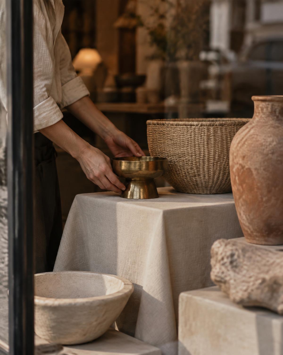Hands placing a brass bowl on a linen-covered plinth in a shop window