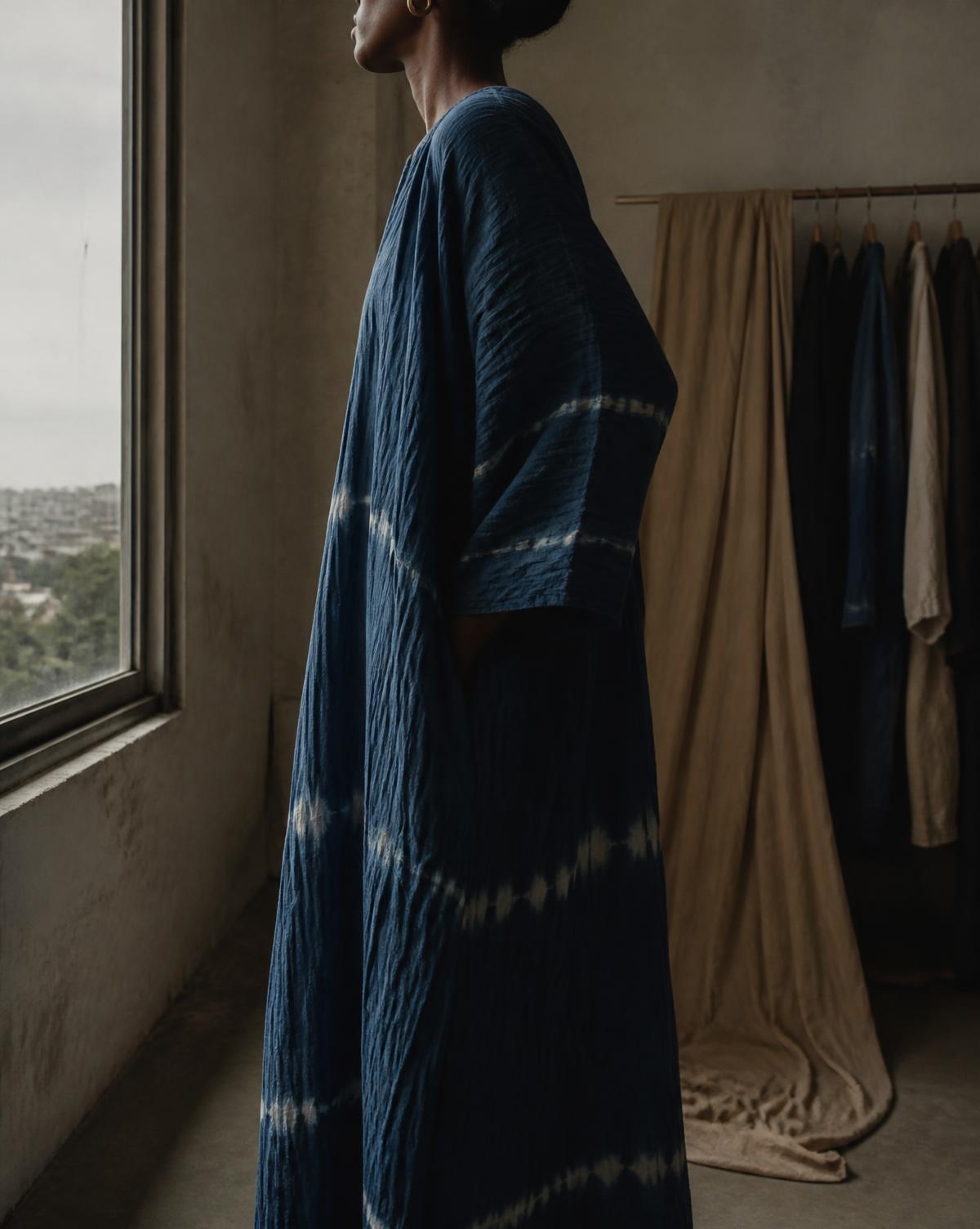 A woman in an indigo hand-dyed dress in profile by a studio window, a rail of garments behind her