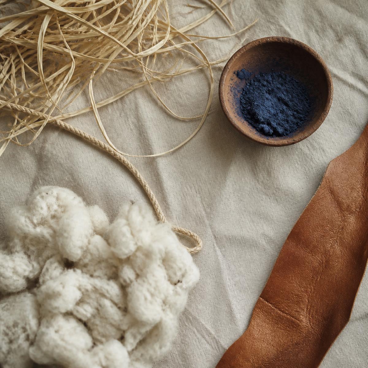 Raffia, raw cotton, indigo pigment and vegetable-tanned leather on linen