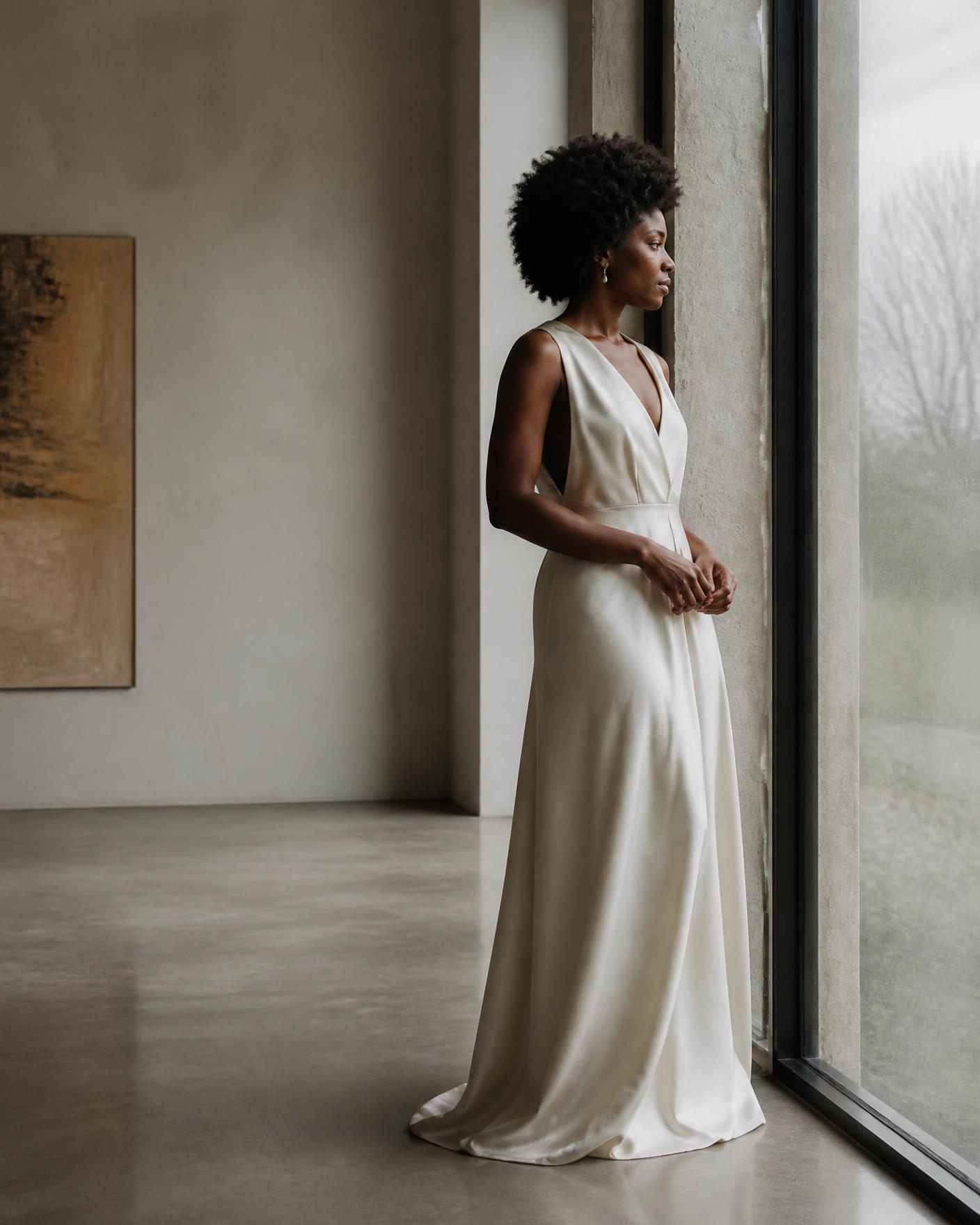 A woman in raw silk standing in profile by a tall window — editorial photograph