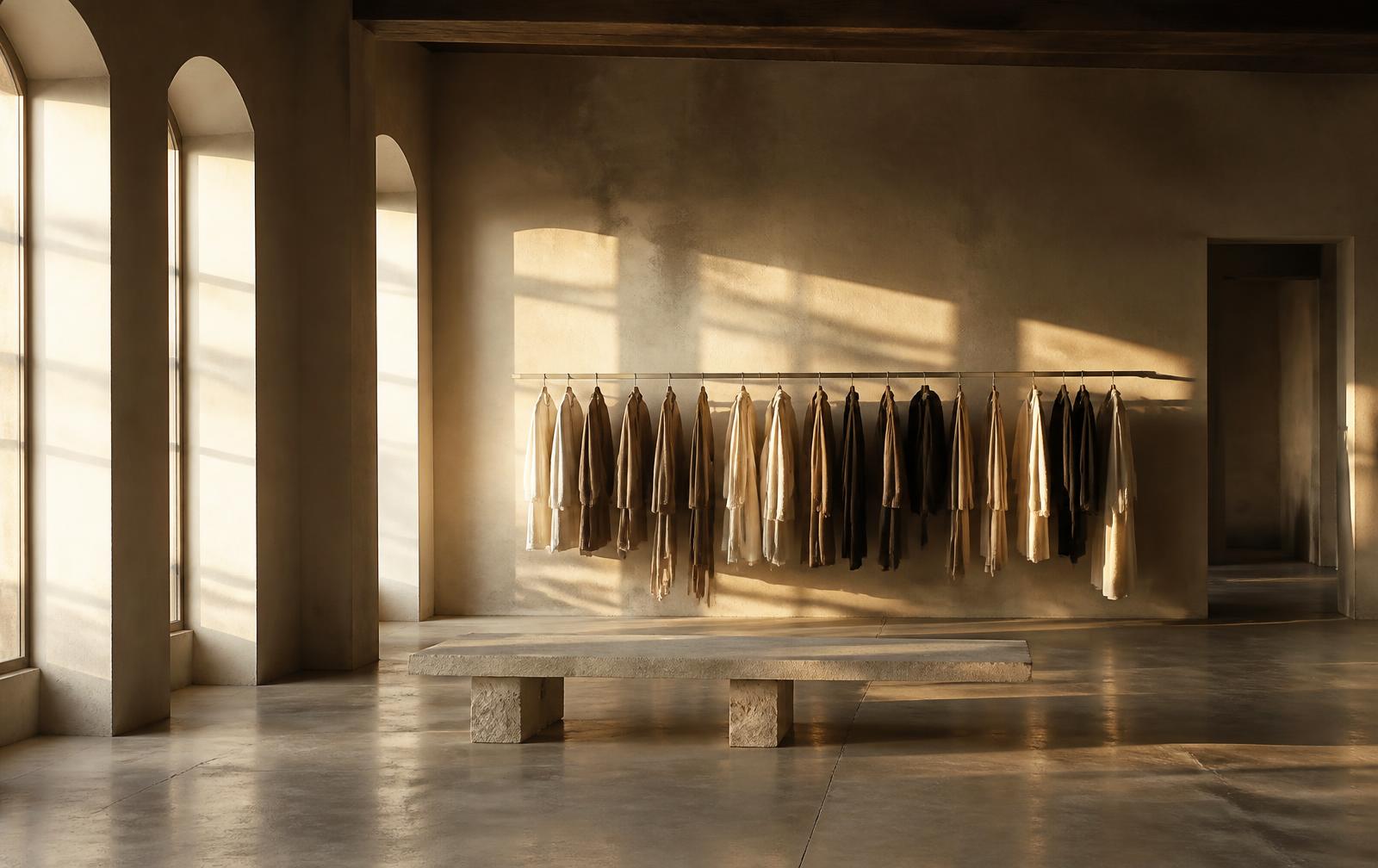 An empty showroom at sunset, low daylight raking across plaster walls