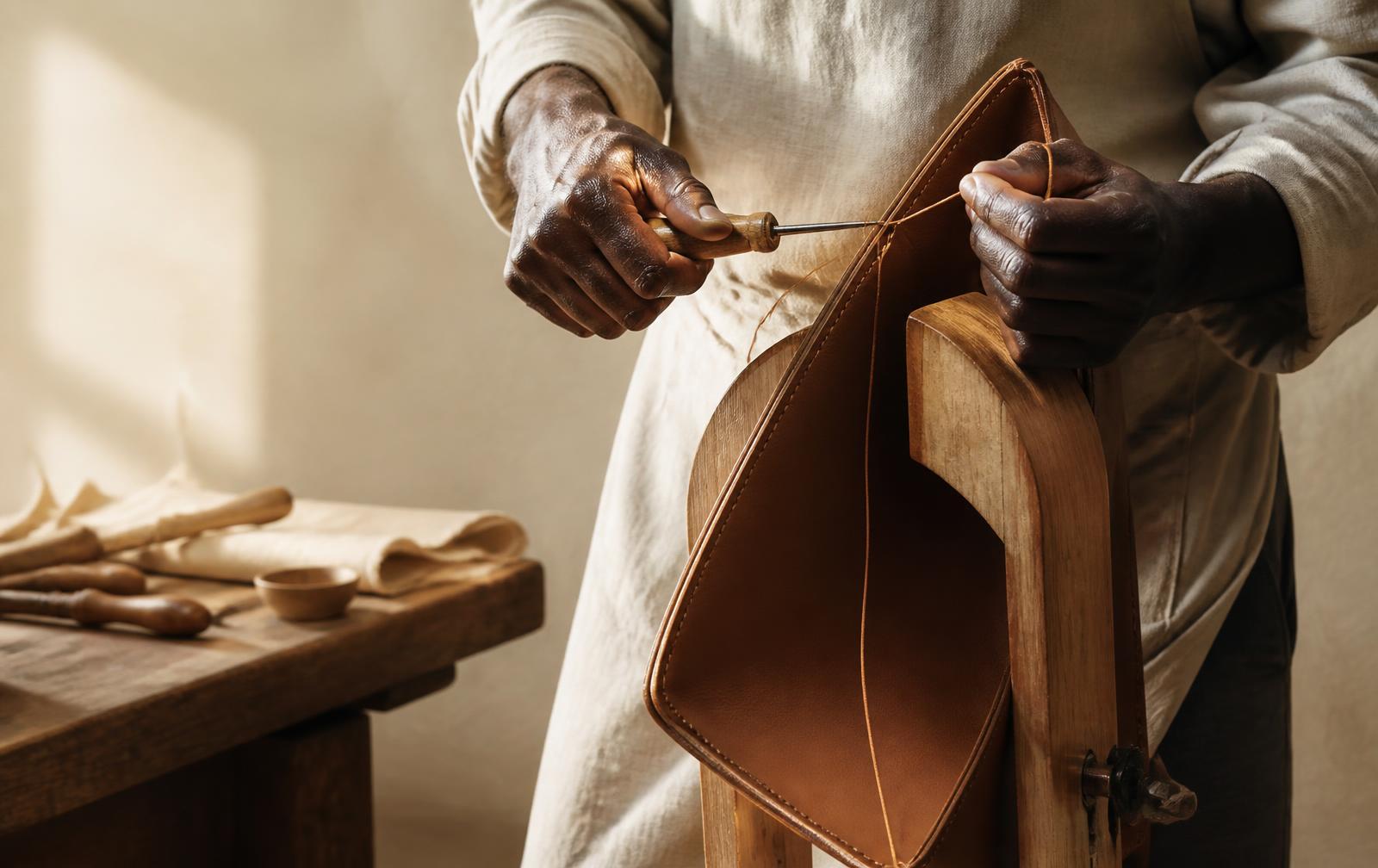 Saddle-stitching the gusset of a leather bag