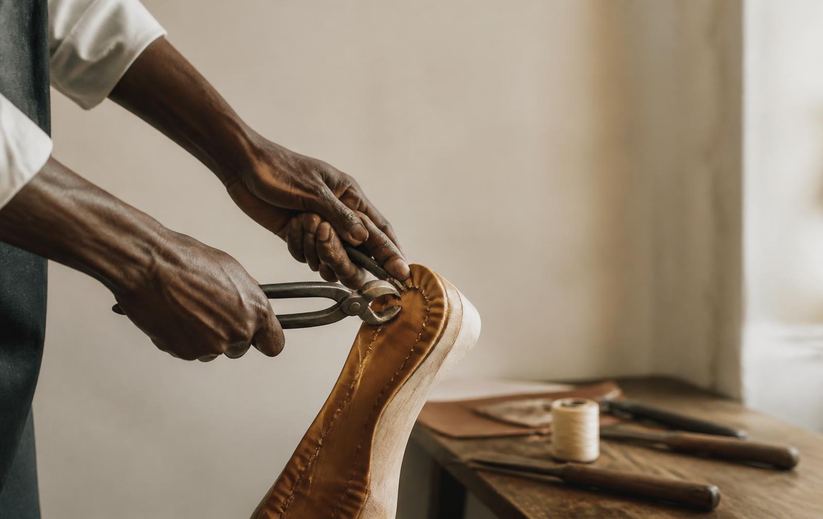 Hands lasting a shoe over a wooden form