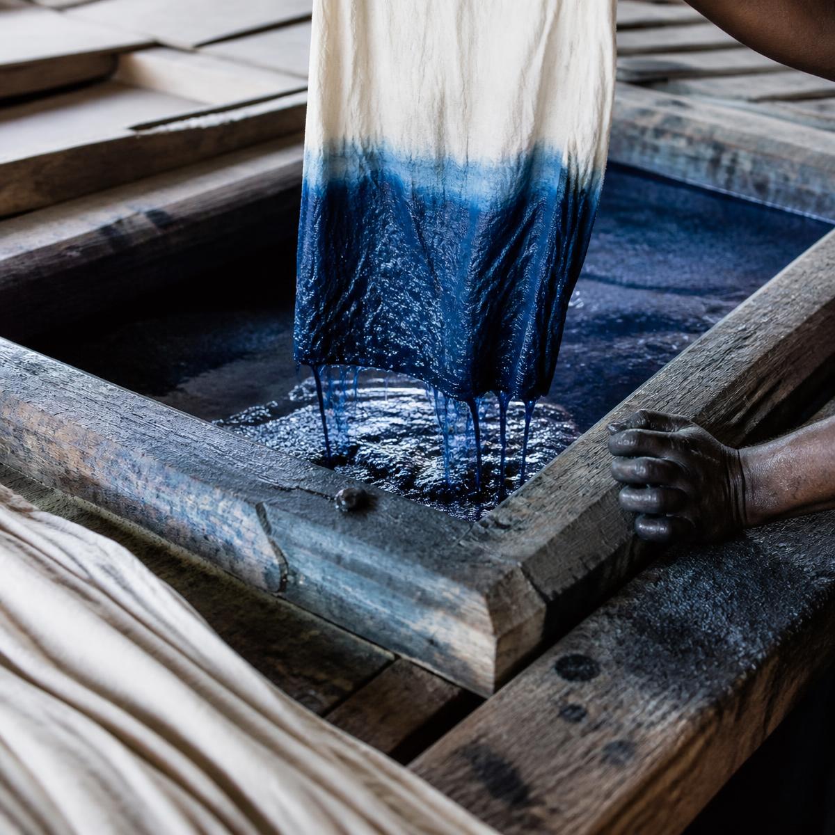 Cotton cloth lifted from an indigo dye vat