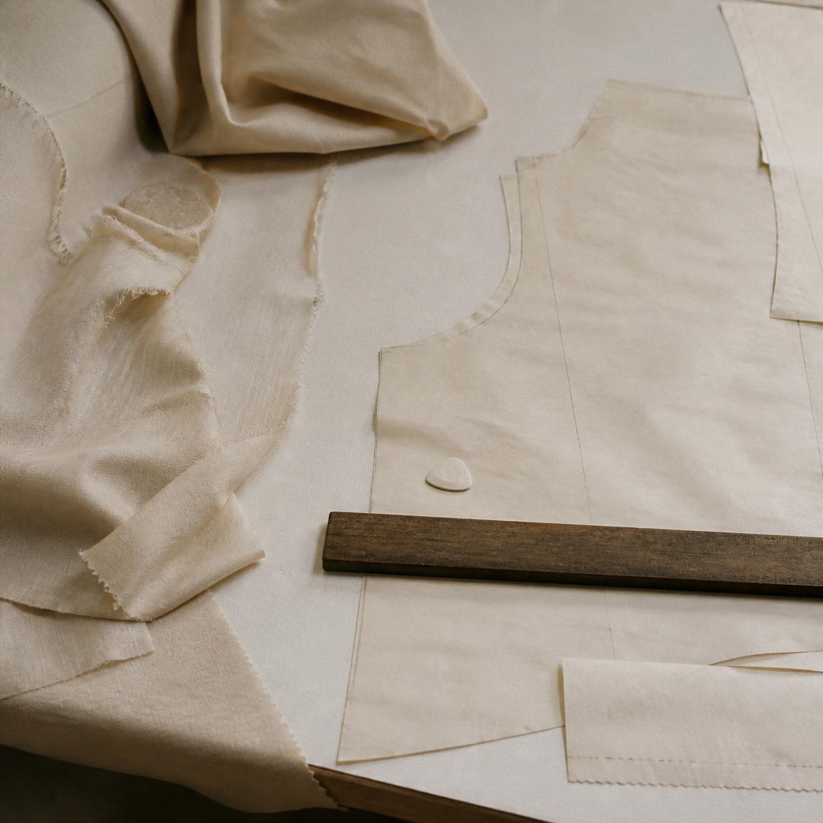 Pattern pieces and tailor's chalk on a cutting table
