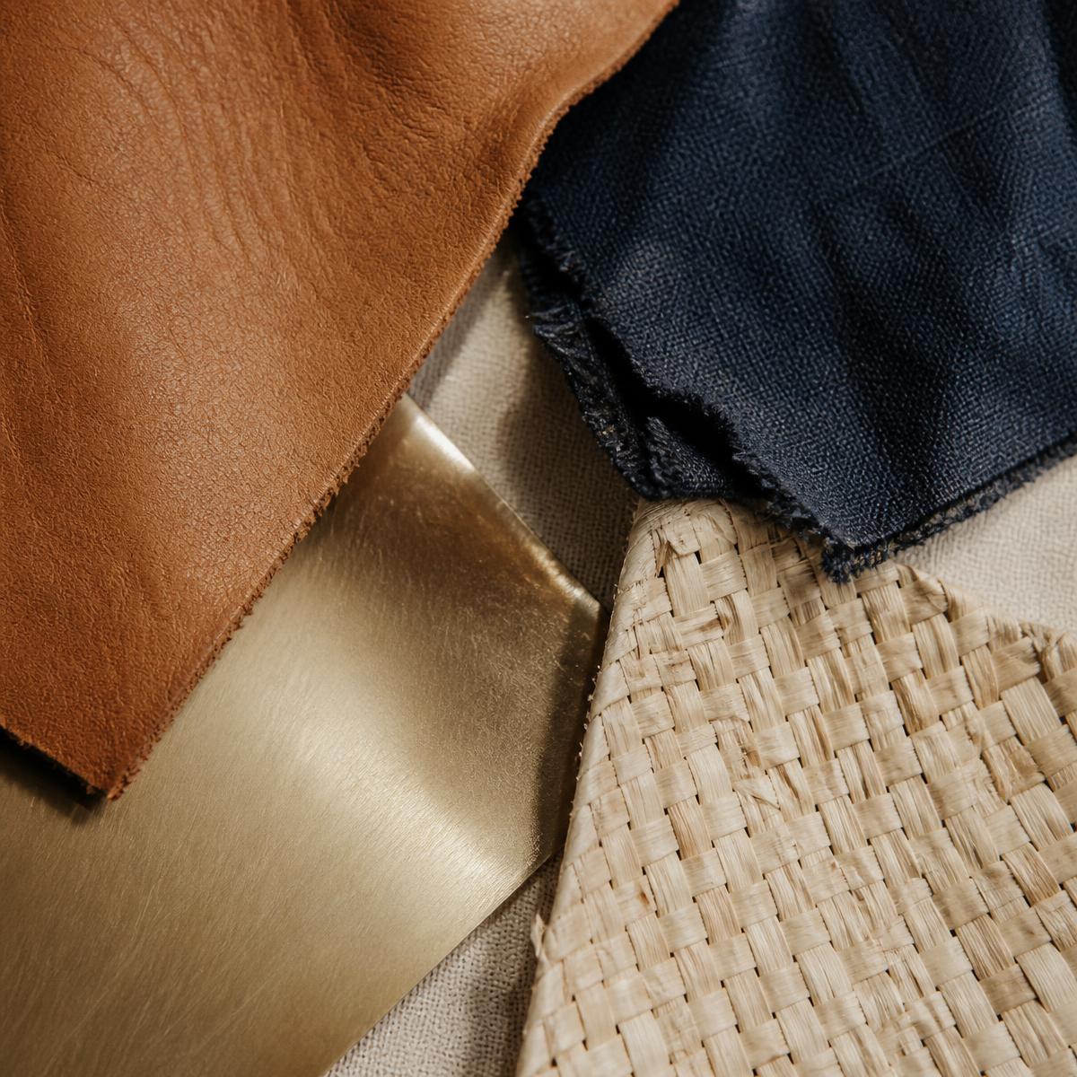 Vegetable-tanned leather, indigo cotton, raffia and brass swatches